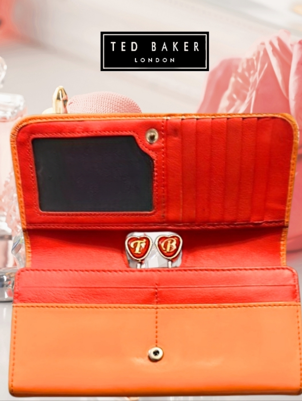 Ted Baker London Matinee Patent Leather Vibrant Orange Kiss Lock Clutch Wallet - Picture 2 of 4